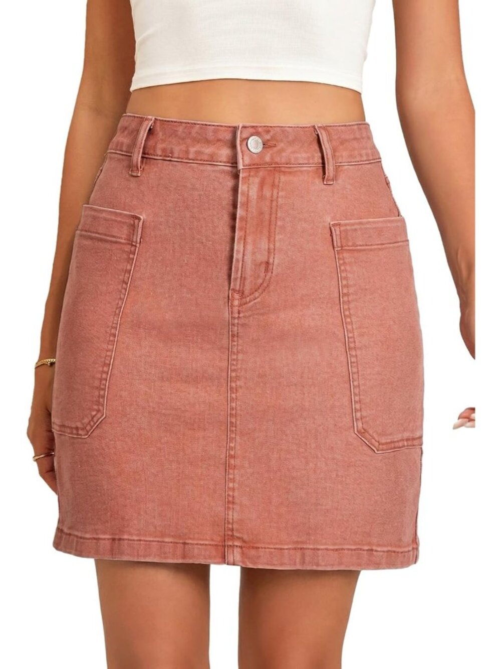 Women's Red Cargo Pocket Straight Casual Knee Length High Waisted Denim Skirt